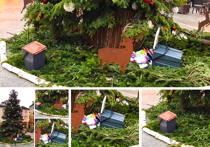 Vandali in piazza Mercato: bidoni dell'immondizia gettati sotto l'albero di Natale