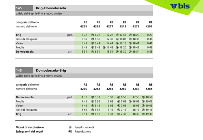 bls Orario speciale Domodossola Briga