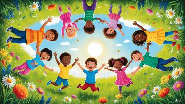 realizzi un girotondo di bambini in un paesaggio primaverile pieno di fiori 