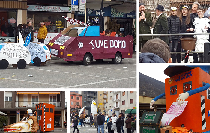 Carnevale di Villa, primo tra i carri il Pinguino dell'Oratorio. Danila Tassinari e Stefano Bonardi Arlori e Zecra. Foto