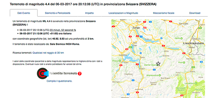 Epicentro del terremoto in Svizzera, magnitudo di 4.4