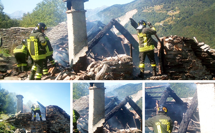 Brucia interamente il tetto di una baita in Vigezzo. L'incendio partito dalla canna fumaria. Fotogallery