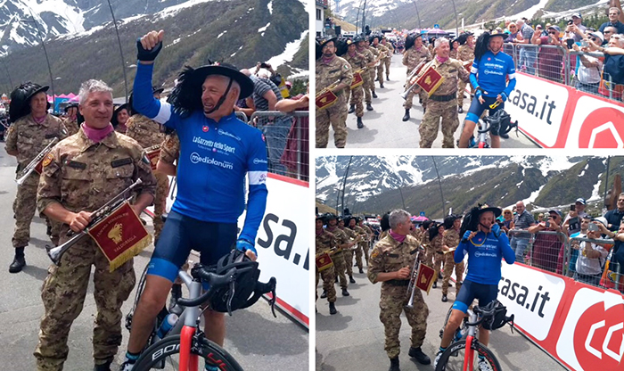 La Fanfara Bersaglieri Valdossola a Cervinia, con Moser, per l'arrivo del Giro d'Italia