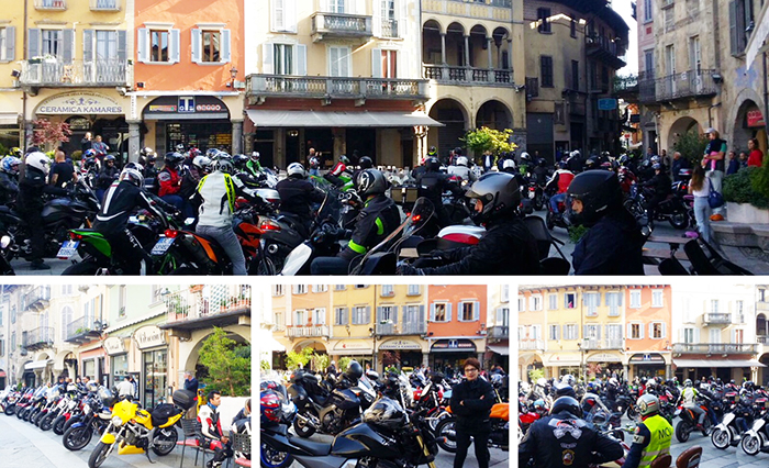 Piazza Mercato invasa da 200 moto dirette alla “motobenedizione” al Passo del Sempione. Video